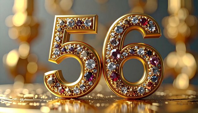 Luxury royal number 56 with golden ornaments and precious gemstones, majestic elegant atmosphere