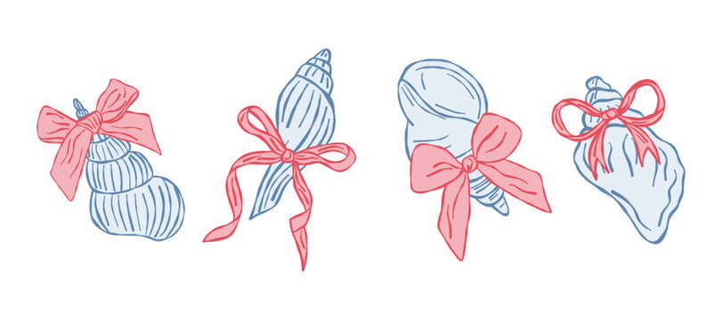 Hand drawn set seashells and spiral conches with pink ribbons, trendy coquette aesthetic elements for wedding decor and summer.