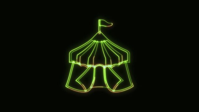 Circus Tent Icon Neon Seamless Loop 4K Black Background Animated Promotional Typography for Video Editing
