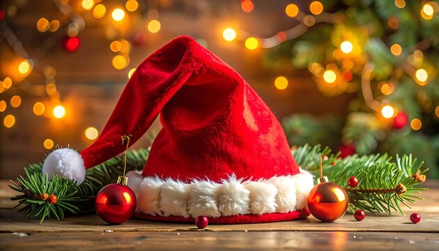 A Santa hat surrounded by Christmas decorations on a wooden table