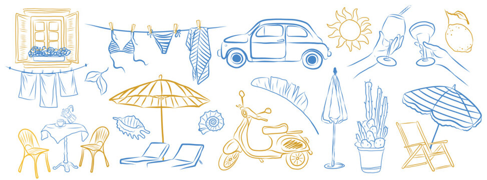 Amalfi summer vacation doodle style Hand drawn sketch coastal window shutters, clothesline beach umbrellas, lounge chairs, vintage car, scooter, cafe table, seashells, cactus cocktail glasses Italy li