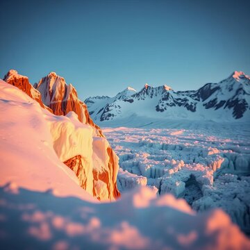 Snow-kissed spires blush, reflecting sun-drenched, icy dominion on the glacier's edge, route, switzerland