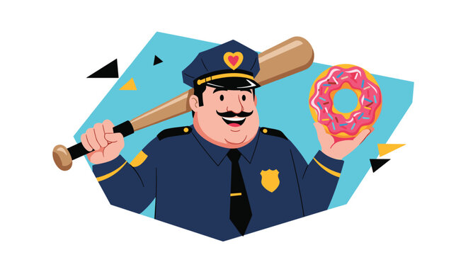 Happy policeman character in uniform holding a giant pink glazed donut and a baseball bat over his shoulder in flat cartoon style.