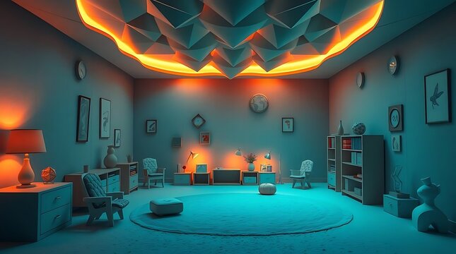 Modern professional video editing studio with computer monitors and glowing blue neon lights in a dark industrial office room