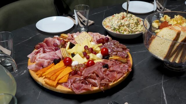 Gourmet Christmas dinner with Steak tartare, Cold Cuts, Cheese Platter and french salad