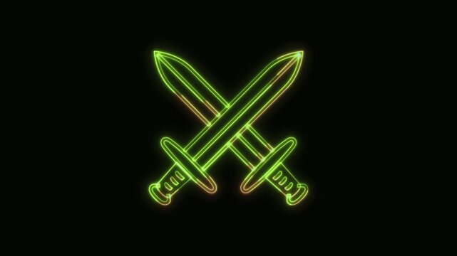 Crossed Swords Icon Neon Seamless Loop 4K Black Background Animated Promotional Typography for Video Editing
