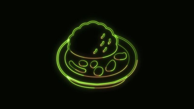 Curry Rice Icon Neon Seamless Loop 4K Black Background Animated Promotional Typography for Video Editing