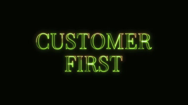 Customer First Neon Text Seamless Loop 4K Black Background Animated Promotional Typography for Video Editing