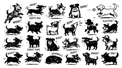 Fototapeta premium Funny Hand-Drawn Dog Doodles in Chalkboard Sketch Style Vector Illustration
