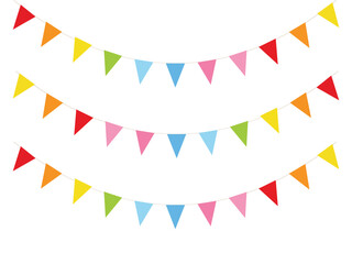 Fototapeta premium Vibrant multicolored triangular pennant banners on strings for party decoration