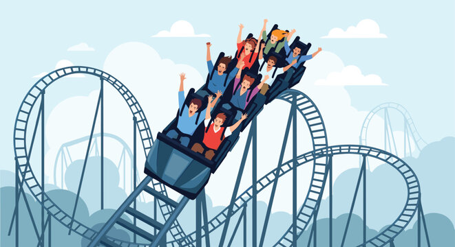 Group of excited people with raised hands experiencing the thrill of a steep drop on a roller coaster at a sunny amusement park.