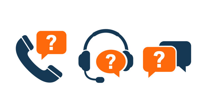 Illustration of customer support icons with phone, headset, and chat bubbles for communication and assistance.