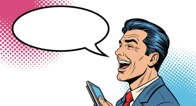 Happy businessman in a suit laughing joyfully while checking a message on his smartphone with a large empty speech bubble for text.