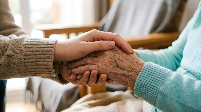 Younger person holding wrinkled hand of elderly woman in supportive gesture showing compassion care and empathy within nursing home or domestic environment during palliative care assistance.