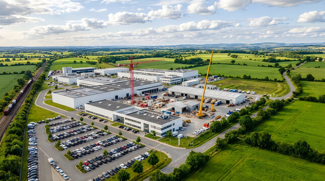 Aerial view of large industrial logistics center and modern warehouse complex surrounded by green rural landscapes with train tracks parking lots and construction cranes under cloudy blue sky.
