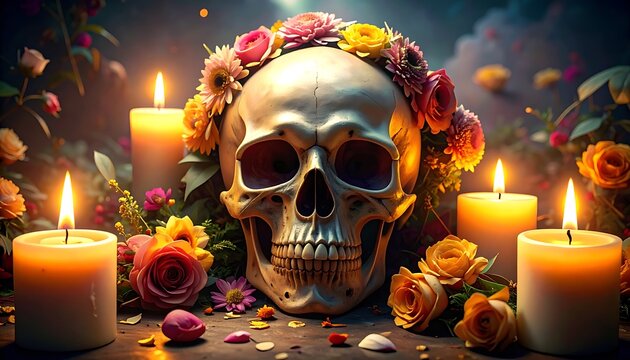 A skull adorned with flowers surrounded by candles and roses