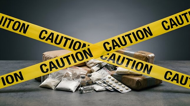 Illicit Drugs and Packages Secured by Caution Tape, Illegal Substance Smuggling Warning