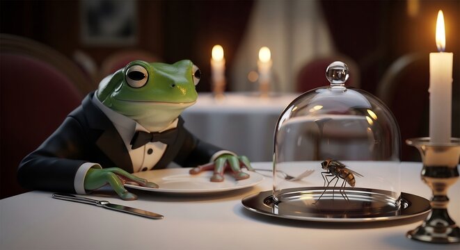 Elegant Green Frog Dining at Candlelit Restaurant Table with Insect Under Glass Cloche