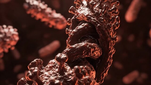 Close-Up of Ebola Virion Envelope Showing Glycoprotein Spikes Global Pandemic Risk Factor. Magnified visualization demonstrates the treacherous glycoprotein spike arrangement on Ebola viral surfaces. 