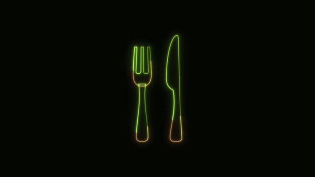 Fork and Knife Icon Neon Seamless Loop 4K Black Background Animated Promotional Typography for Video Editing