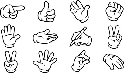 Fototapeta premium Retro Cartoon Hand Gestures Vector Pack with White Glove Finger Pointing Thumbs Up Peace Sign and Fist Icons for Comic Style Graphic Designs