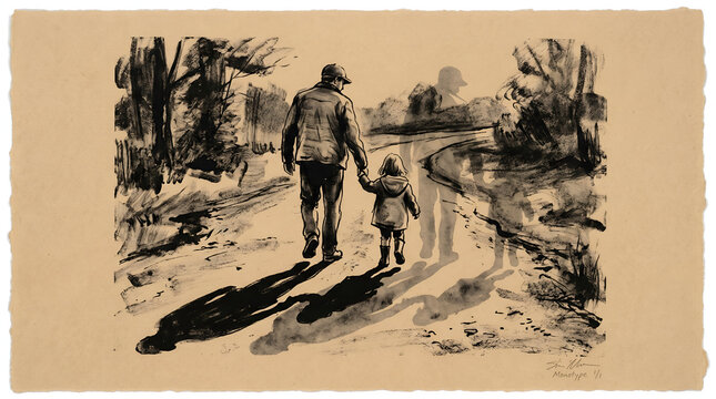 A father and daughter walking hand in hand on a path in the countryside