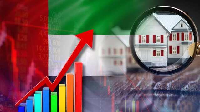 Housing and real estate prices are soaring in the United Arab Emirates; illustrated with a model of a house under a magnifying glass, a rising financial chart with an upward red arrow, and financial 