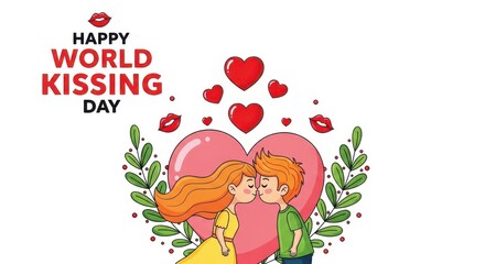 Naklejka premium Cartoon couple kissing on world kissing day with hearts and leaves