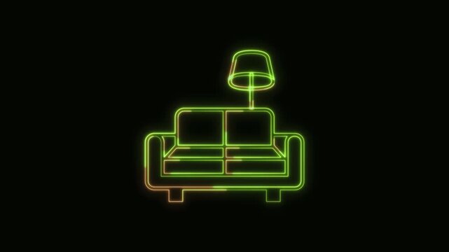 Furniture Icon Neon Seamless Loop 4K Black Background Animated Promotional Typography for Video Editing