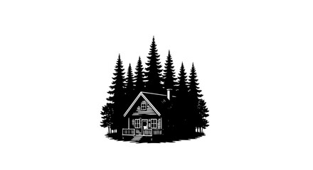 Obraz premium Black and white illustration of a log cabin in a pine forest
