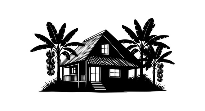 Black and White Tropical House Illustration with Banana Trees