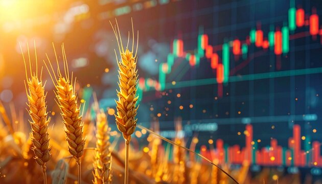 &ldquo;Golden wheat stalks illuminated by sunlight in foreground, digital candlestick chart and world map overlay in background, symbolizing agriculture, commodity trading, and global economic connection.&rdquo;