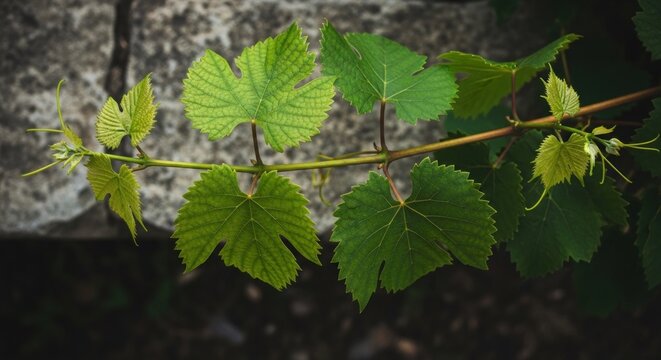 Closeup of a Grapevine Branch with Green Leaves and a Stone Wall Background.