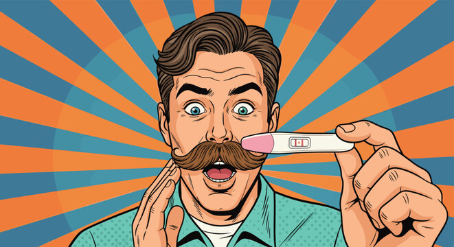 Surprised man with a thick mustache holding a positive pregnancy test with a shocked facial expression over a retro sunburst background.