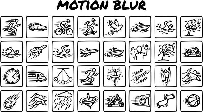 Dynamic Motion Blur Icons Set. Hand-drawn Black and White Line Art Vector Illustration of Speed and Movement Concepts for Web and Design.