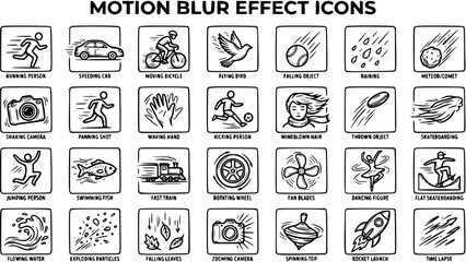 Fototapeta premium Motion Blur Effect Icons Set. Black and White Line Art Hand Drawn Symbols for Speed, Action, Movement, and Dynamic Photography Graphics.