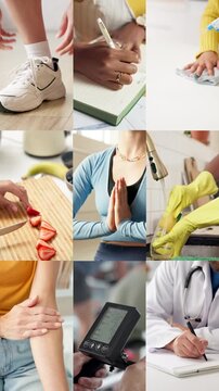People, hands and wellness in montage with health, clean eating and fitness for safety from bacteria. Women, exercise or self care goal with hygiene, cooking or heart rate monitor for medical checkup
