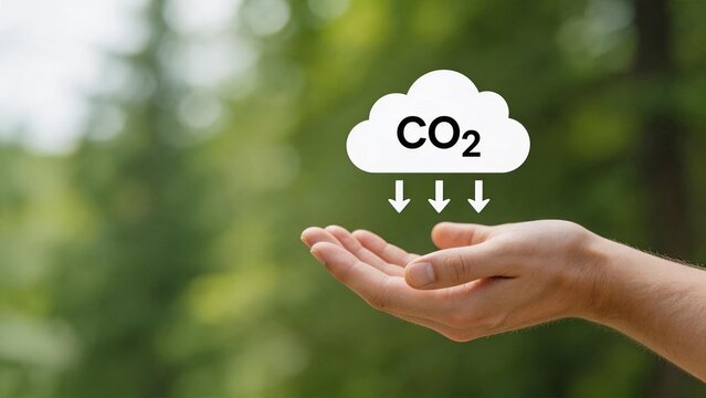 Hand holding CO2 emission cloud icon, environmental protection and climate change awareness, reducing carbon footprint in nature green forest background.