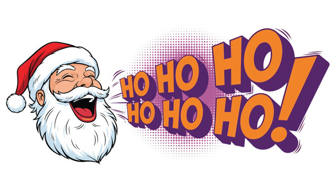 Jolly Santa Claus head with a big white beard laughing loudly with large colorful 3D text ho ho ho against a purple halftone background.