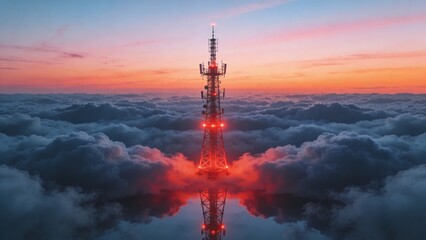 Fototapeta premium A communications tower emits bright red lights above the clouds during sunset.