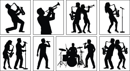 Music Band Silhouette Collection with Singers Saxophone and Trumpet Performers Isolated Vector Illustration Set © Limon