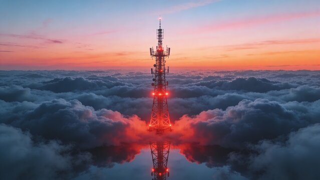 A communications tower emits bright red lights above the clouds during sunset.