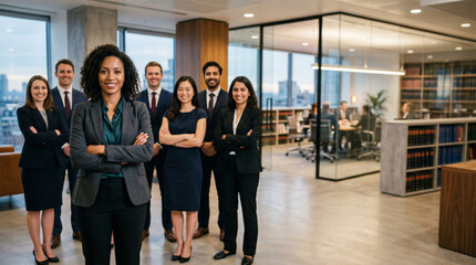Fototapeta premium Diverse legal team standing in modern corporate law office with confident female lawyer in front, attorneys, legal advisors and paralegals, professional legal workplace, corporate law firm portrait