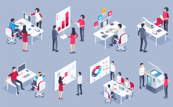 isometric vector image on a gray background, a mans and womans works in the office at the computer and discuss workflow, teamwork set