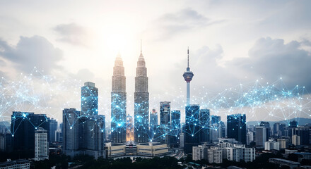 Obraz premium Futuristic city skyline with glowing blue network connections overlay urban technology
