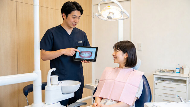明るい歯科診療室で説明を受ける日本人女性と歯科医師の相談風景