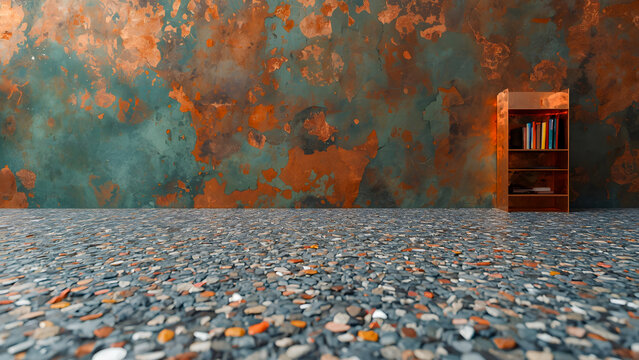 Modern Bookshelf on Terrazzo Floor with Industrial Rusty Metal Wall Background