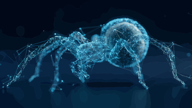 Spider crouches with a spherical web structure while rendered as a glowing blue digital mesh of interconnected nodes and light lines.