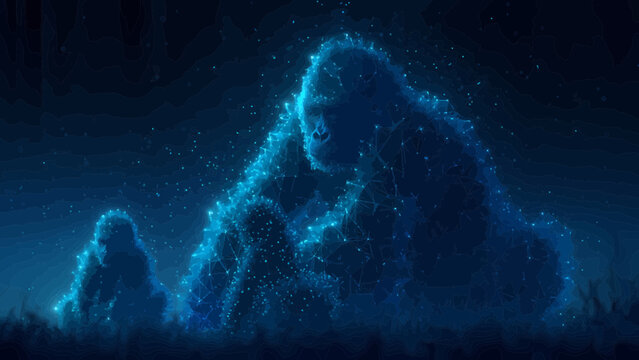 Gorilla family sits quietly in a forest setting while composed of shimmering blue light particles that suggest a digital holographic presence.