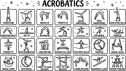 Black and White Line Art Icons of Acrobatics, Gymnastics, Circus Performance and Sports © pixsource